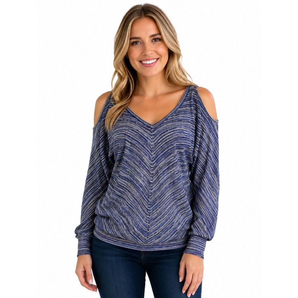 White House Black Market Women’s Cold Shoulder Knit Top Small Metallic Stripes